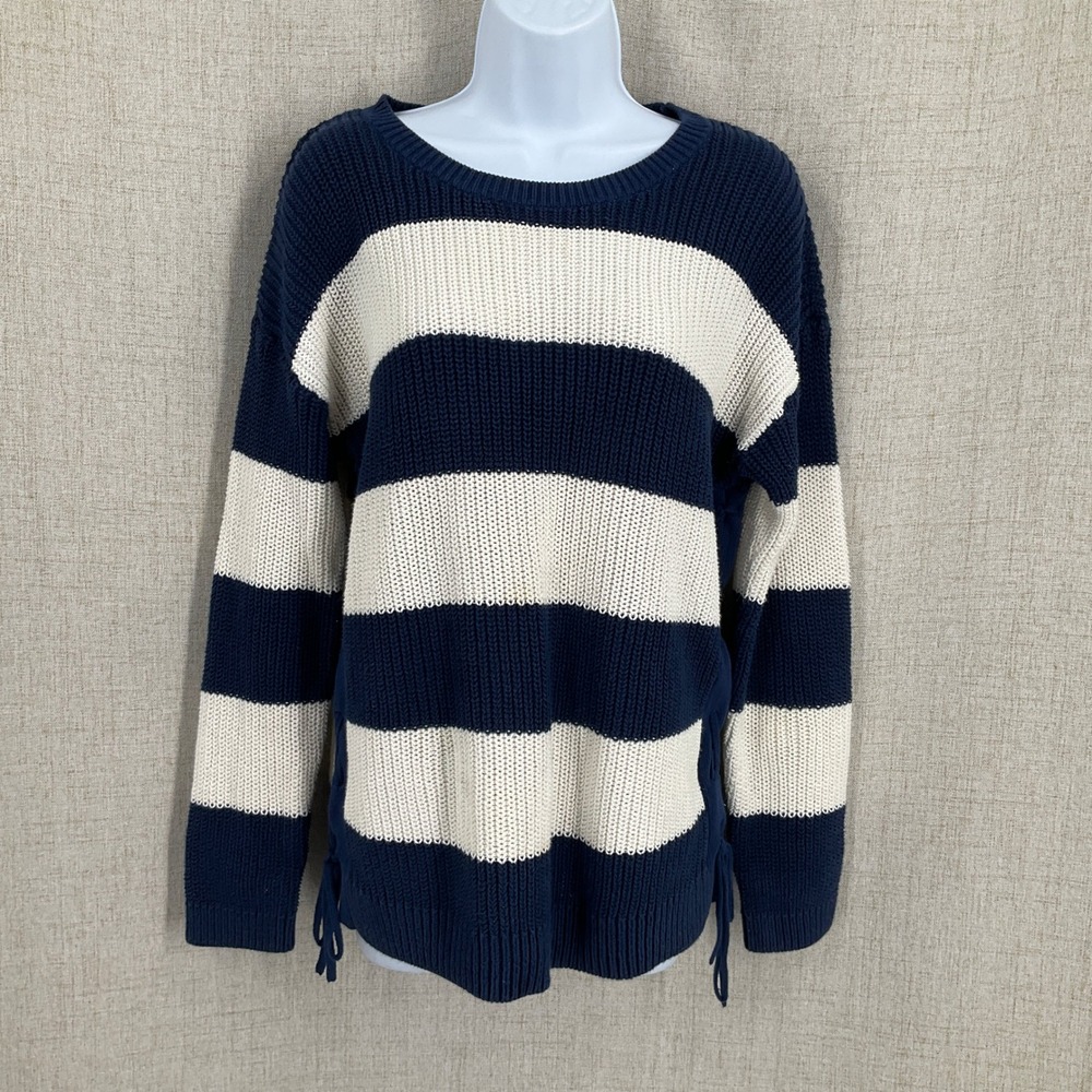 Talbots Sweater Womens Large Navy Cotton Striped Lace Up Side Coastal Preppy